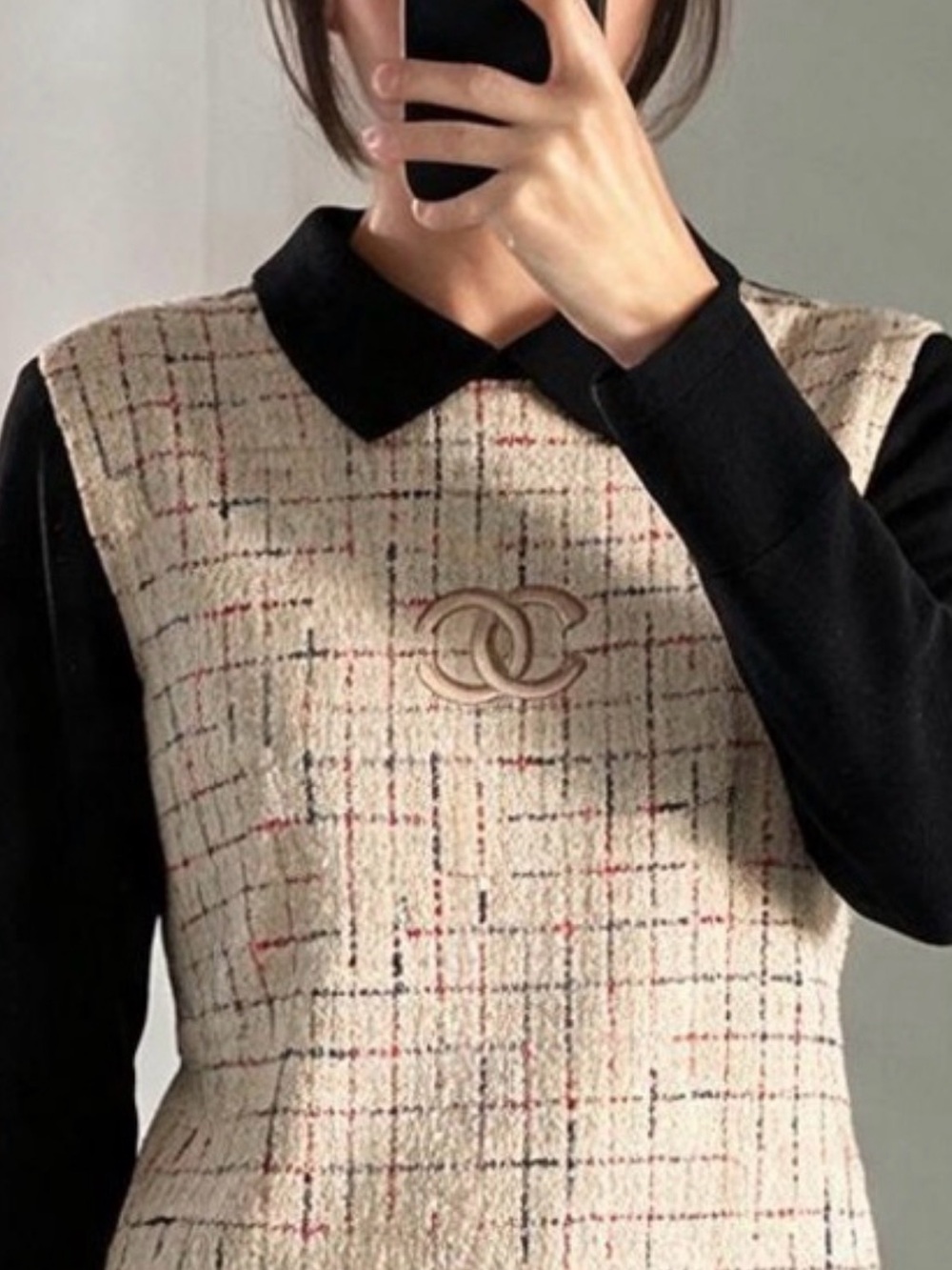 RARE 90s Chanel Boutique Tweed Panel Collared Wool Sweater CC Button Back